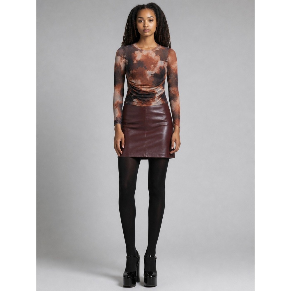 Sheer Mesh Long Sleeve Top Italian Fabric Tie Dye Ruched Brown Small